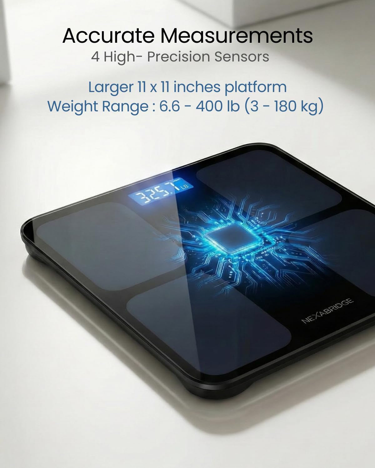 Smart Scale for Body Weight, BMI, Body Fat, Muscle Mass, 11" Large Digital Bathroom Scale, 12 Body Composition Analysis, Sync App, Bluetooth, LED Display, 400 Lbs - Nexa 1